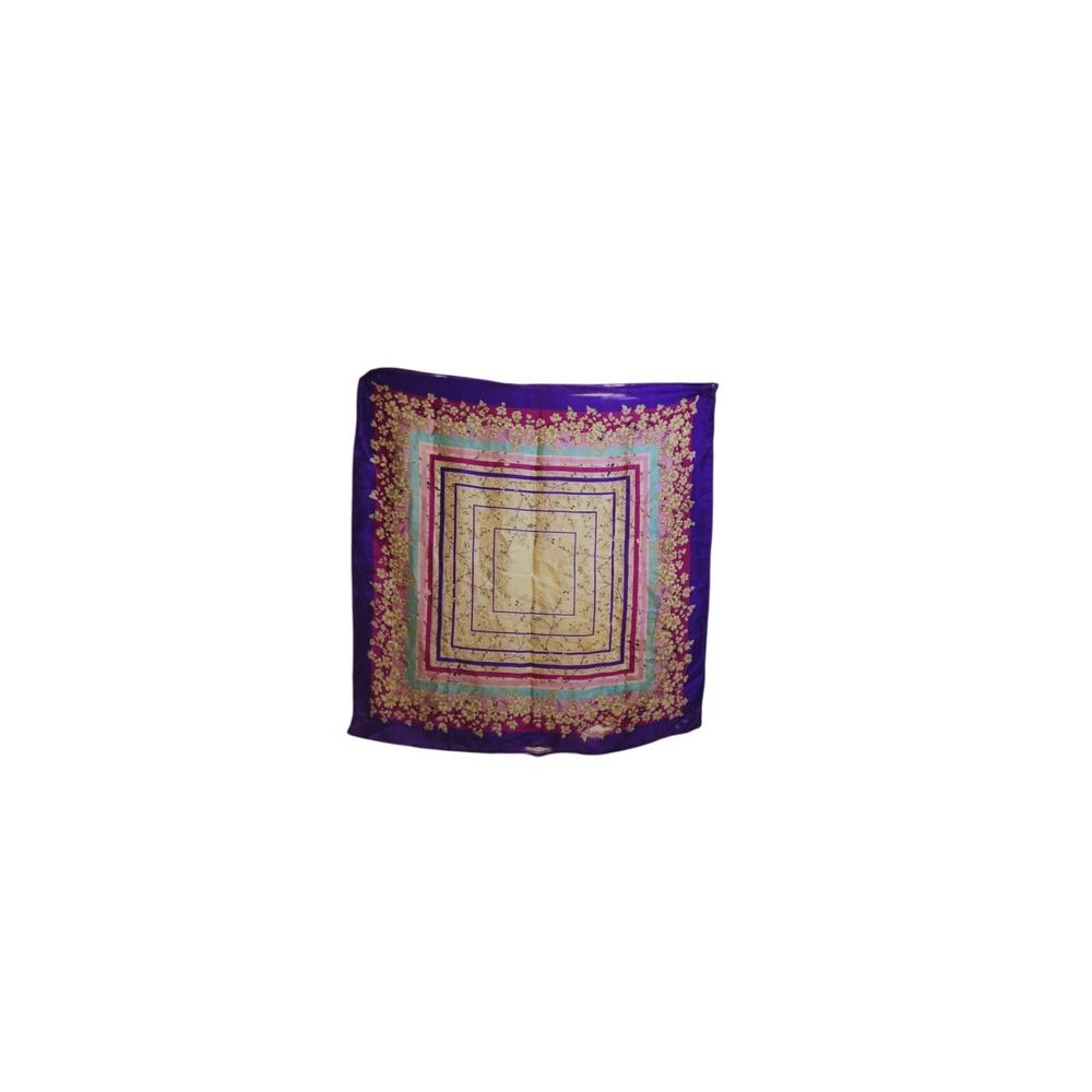 Vintage Purple Silk Blend Scarf 51in Square Magenta Floral Geometric Head Wrap